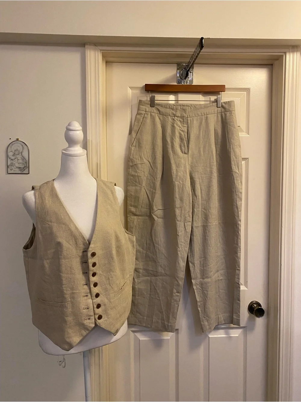 Zara Neutral High-Waist Linen Pleated Wide-Leg Pants - Beige size Large